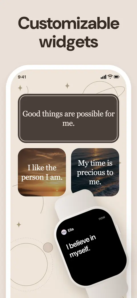 Home Screen widgets and an Apple Watch notification with affirmations, captioned Customizable widgets