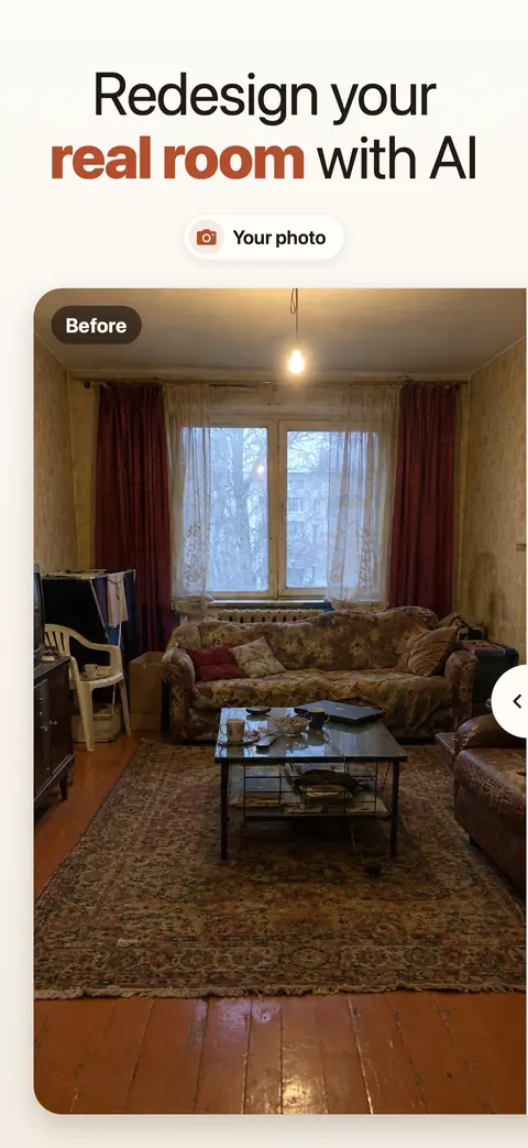 A dated living room photo labelled Before, captioned Redesign your real room with AI