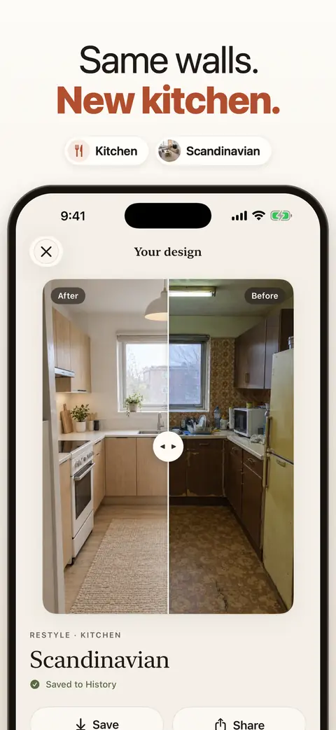 Home AI comparing a kitchen before and after, captioned Same walls. New kitchen.