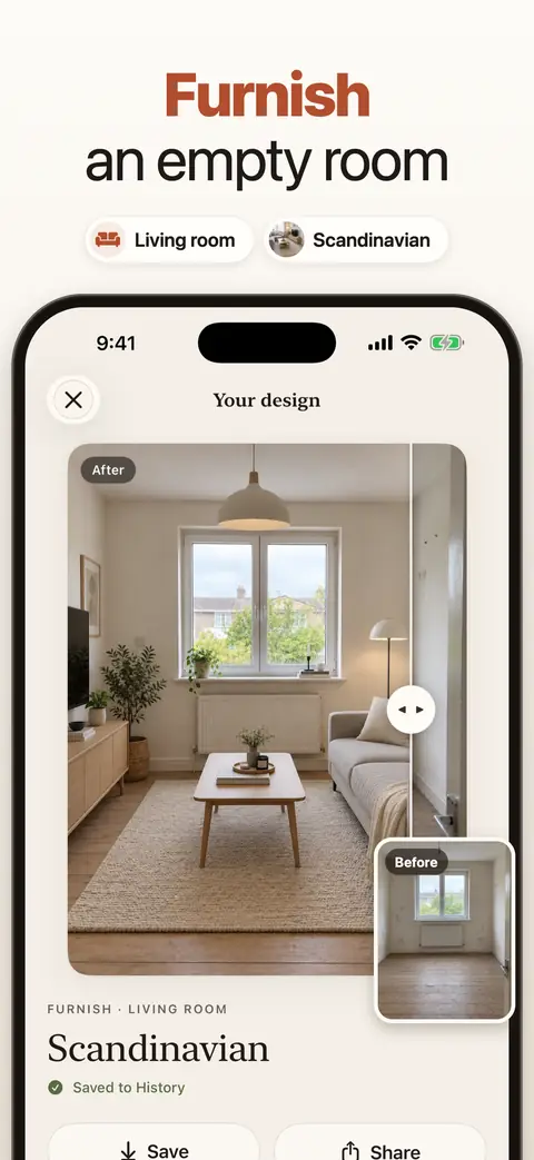 An empty room furnished by Home AI, captioned Furnish an empty room