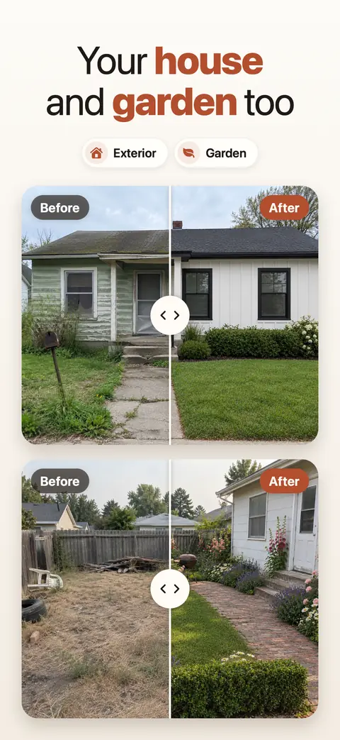 A house front and a garden before and after, captioned Your house and garden too