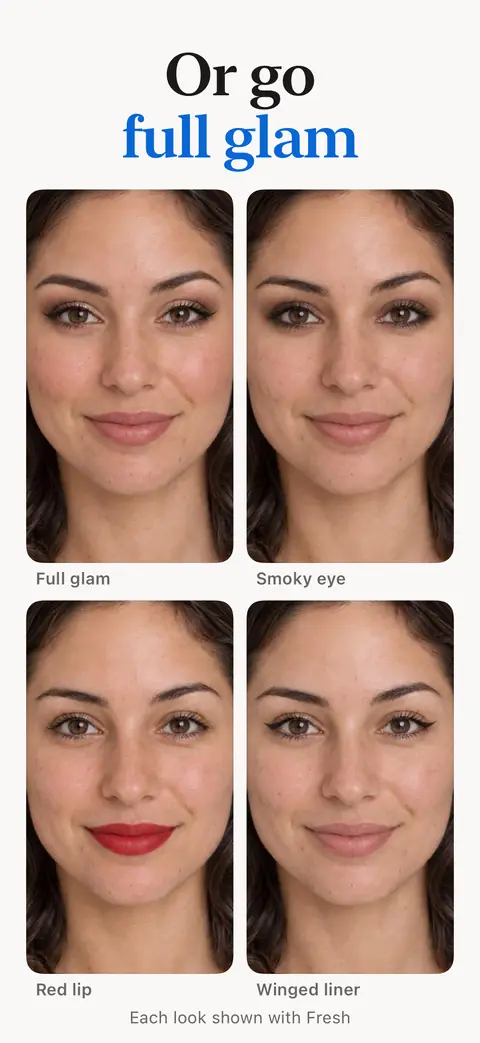 One face in four bold looks: Full glam, Smoky eye, Red lip and Winged liner, captioned Or go full glam