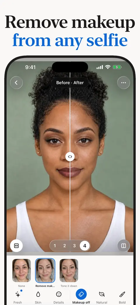 Before and after of makeup removed from a selfie, captioned Remove makeup from any selfie