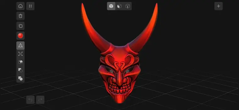 Shapeyard’s 3D workspace with a red horned mask model