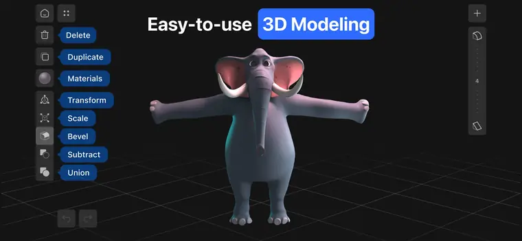 The tool menu (Delete, Duplicate, Materials, Transform, Scale, Bevel, Subtract, Union) next to an elephant model, captioned Easy-to-use 3D Modeling