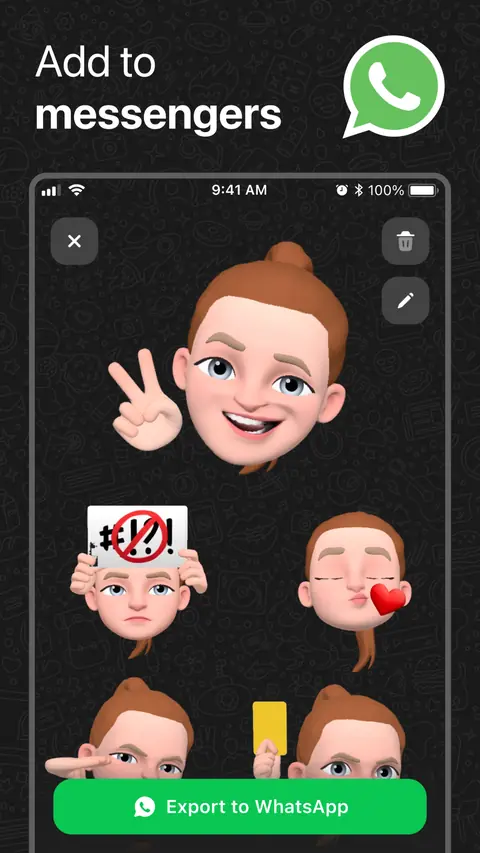 A sticker pack with an Export to WhatsApp button, captioned Add to messengers