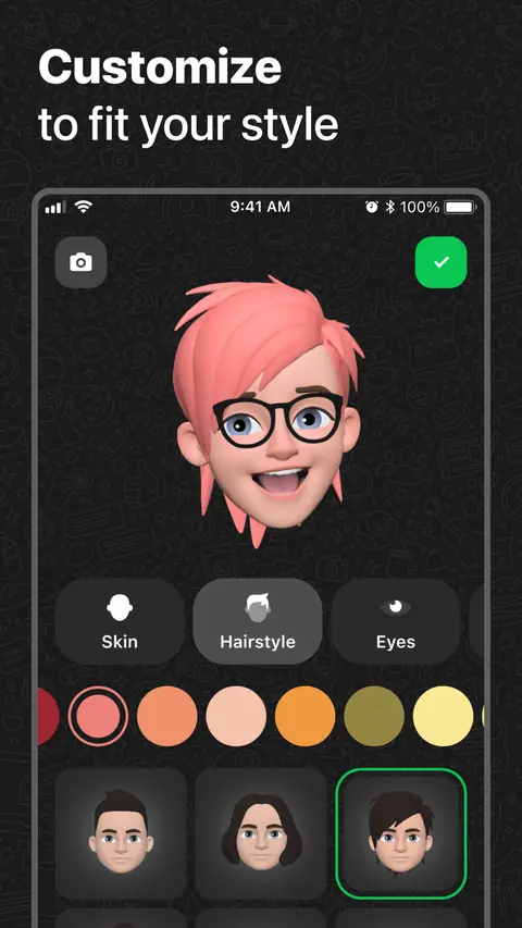 The avatar editor with skin, hairstyle and eye options, captioned Customize to fit your style