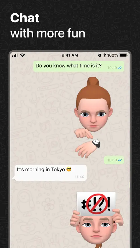 A chat that uses avatar stickers, captioned Chat with more fun